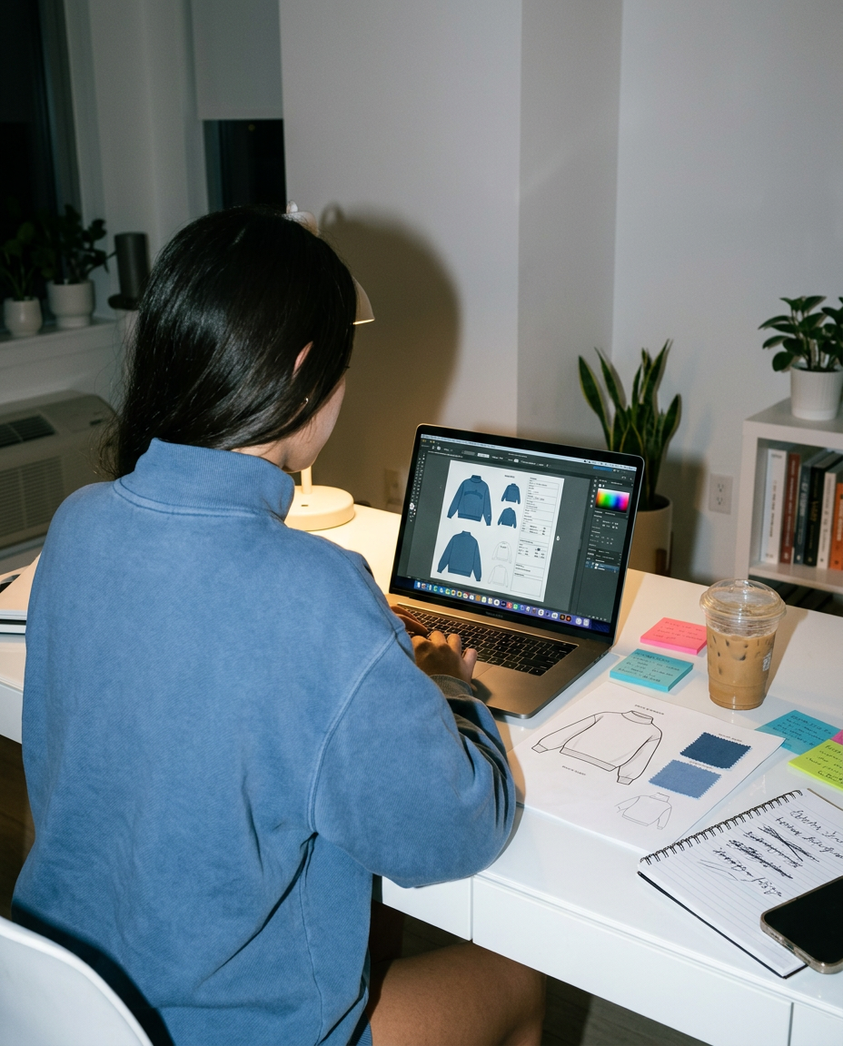 Working on the Pending hoodie tech pack at a laptop in the apartment