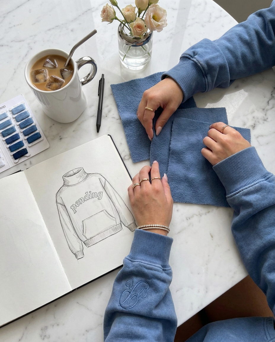 Denim-blue fleece swatches, thread card and a sketchbook drawing of the Pending hoodie on a marble table